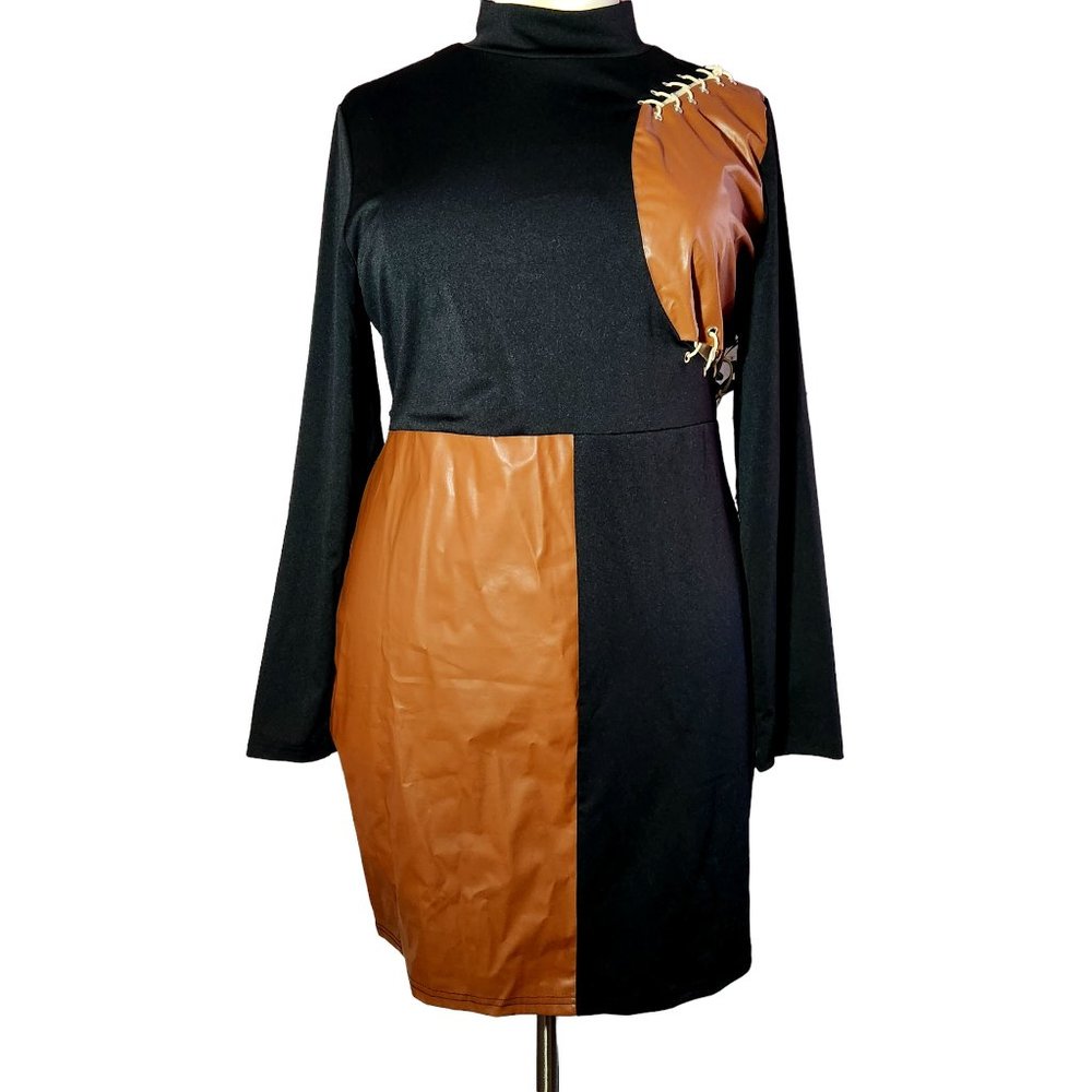 Shein Sexy Plus Color Block Mock Neck Grommet Lace up Bodycon Dress